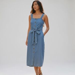Denim & Co Button Front Denim Midi Dress Belted Pockets Size 8 QVC